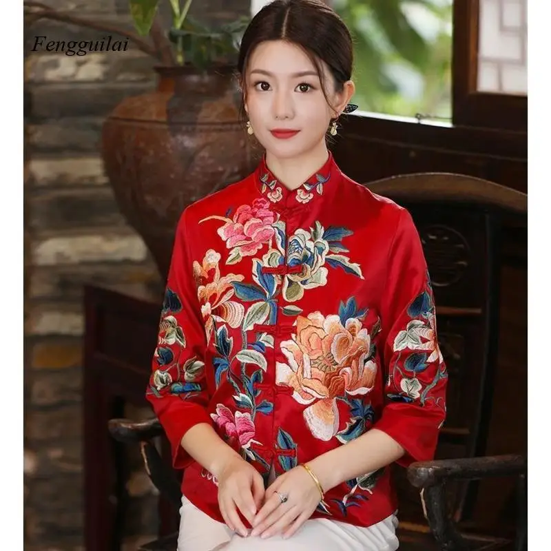 

Ethnic Style Vintage Harajuku Embroidery Chinese Tops Women 2022 Jacket Eleganti Loose Cotton Coat Tang Suit Female Autumn