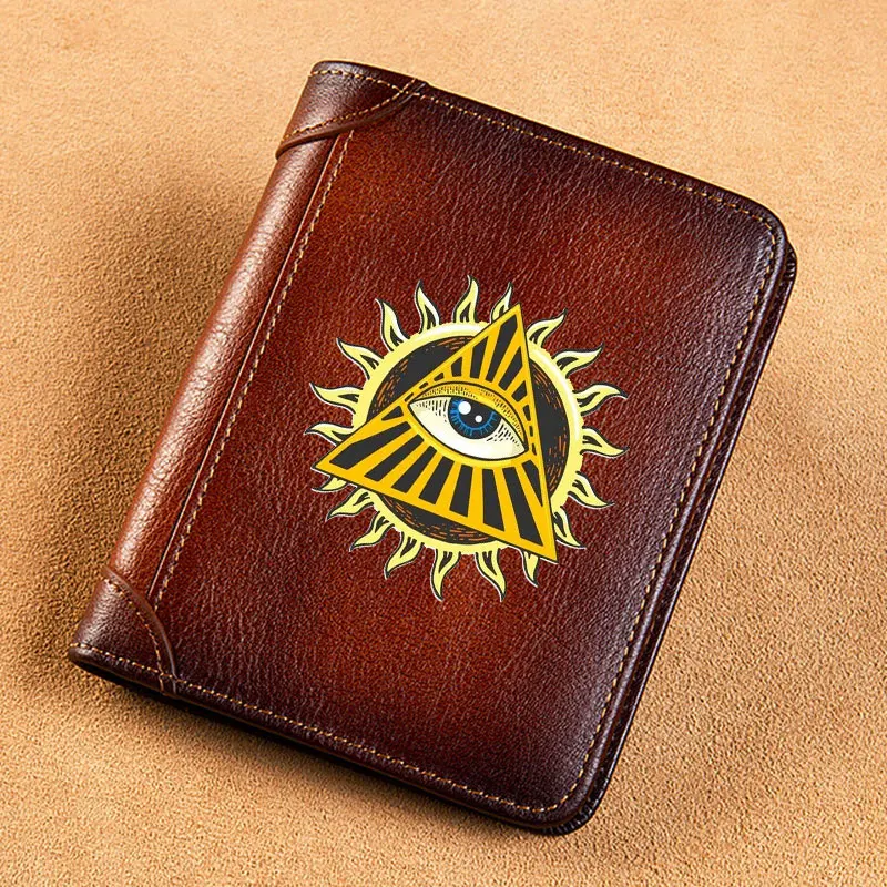 

High Quality Genuine Leather Wallet Masonic Sun All-seeing Eye Printing Standard Short Purse BK3691