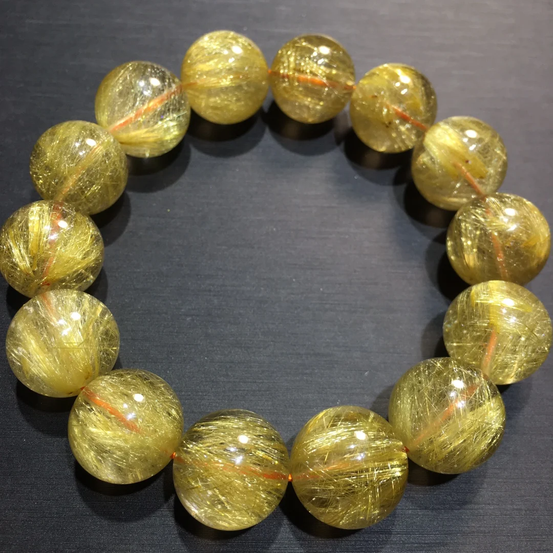 

Natural Gold Rutilated Quartz Titanium Bracelet Cat Eye 16mm Wealthy Woman Men Clear Round Beads Jewelry Brazil AAAAAAA