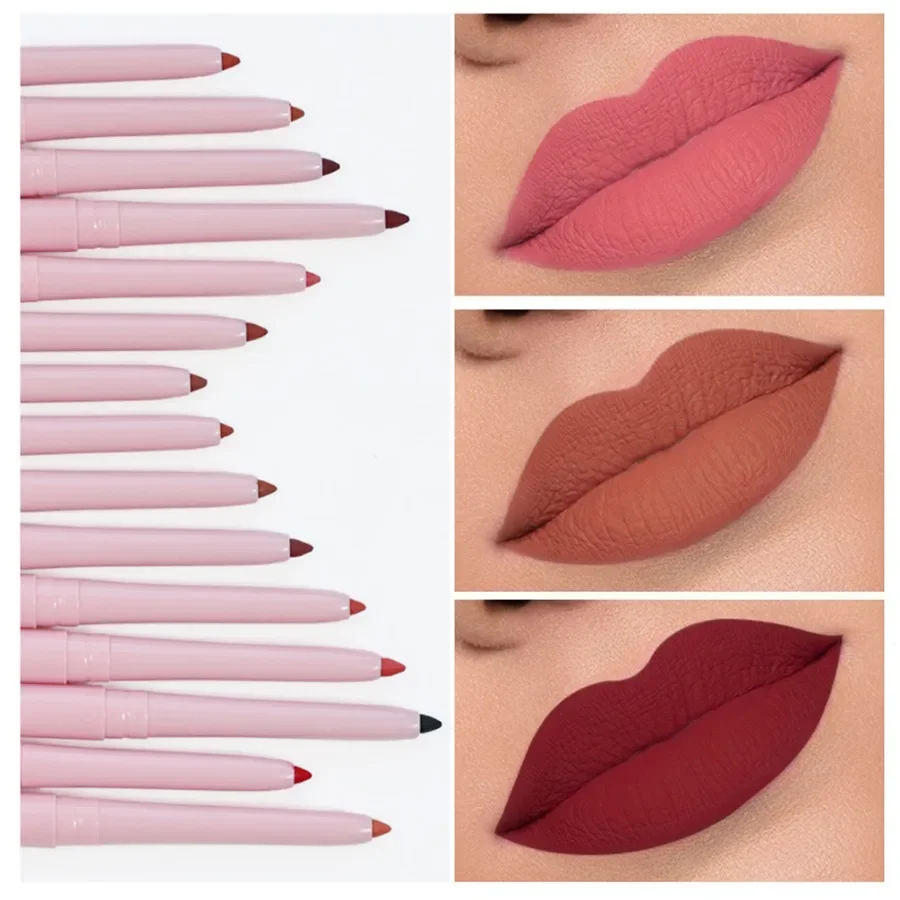 Custom 15 Kleuren Waterdichte Rotatie Lipliner Langdurige Eenvoudig Toe Te Passen Draagbare Roze Pakket Natuurlijke Nude Bruine Lip Liner Bulk