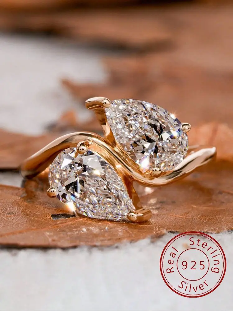

925 Sterling Silver Sparkling Double Water Drop Zircon Ring For Women Engagement Wedding Luxury High Quality Fine Jewelry