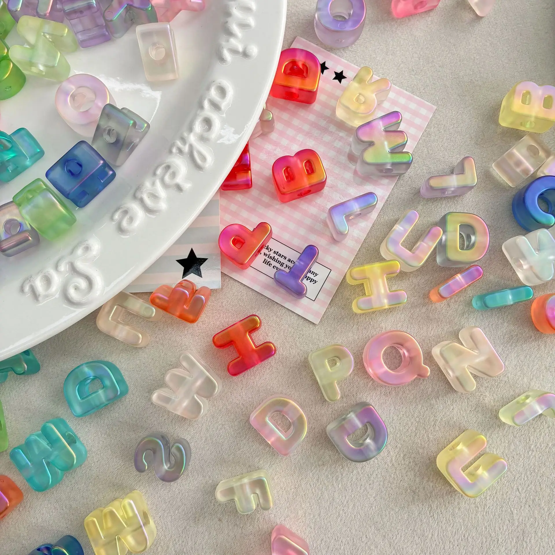 26pcs/Pack Random Transparent UV Plating Matte Iridescent Acrylic Large Hole Letter Beads DIY Necklaces Bracelets Jewelry Making
