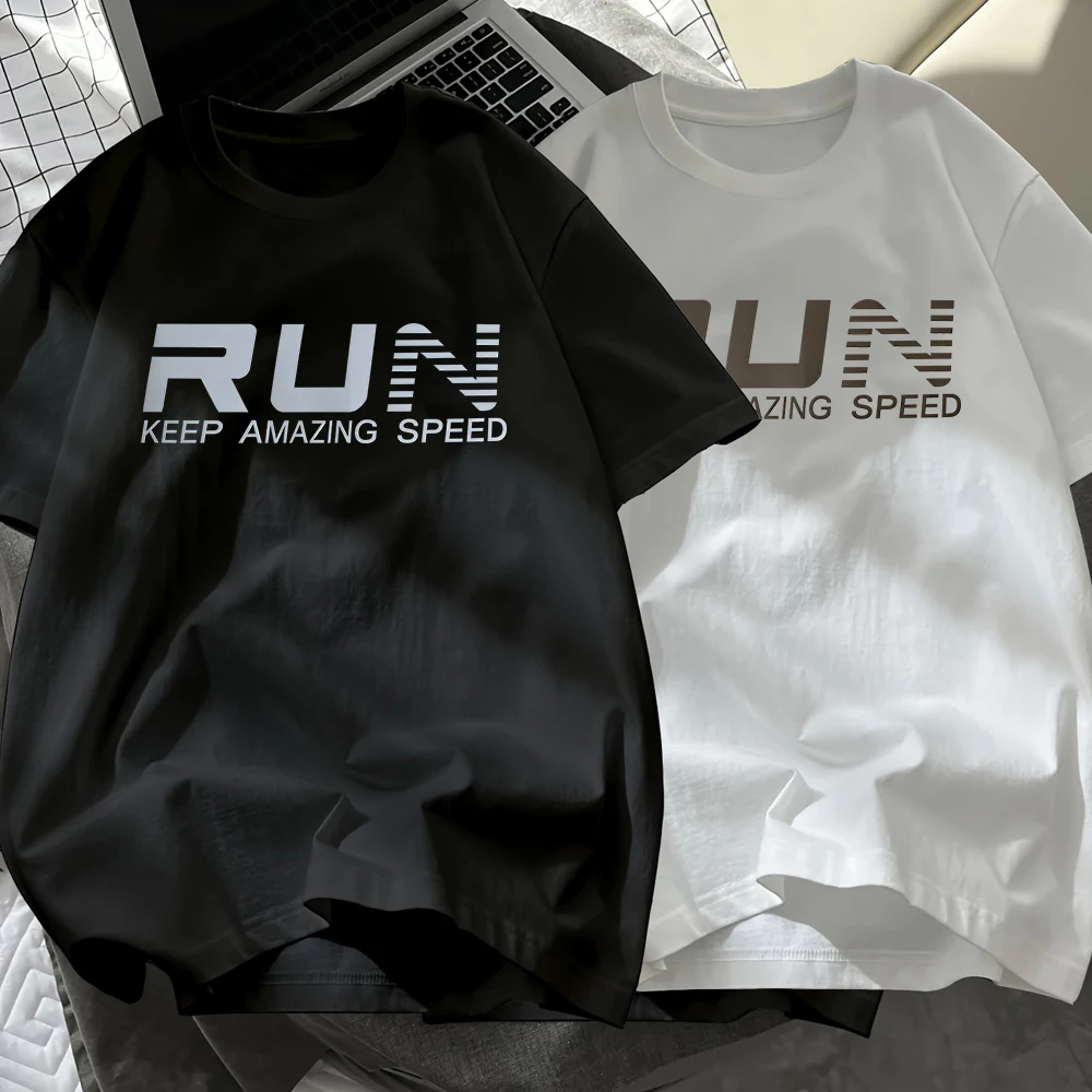 

Run Keep Amazing Speed Print Cotton T-Shirt Men Summer Short Sleeve Black White Set Tees Soft Oversize O-Neck Tops Basic Clothes