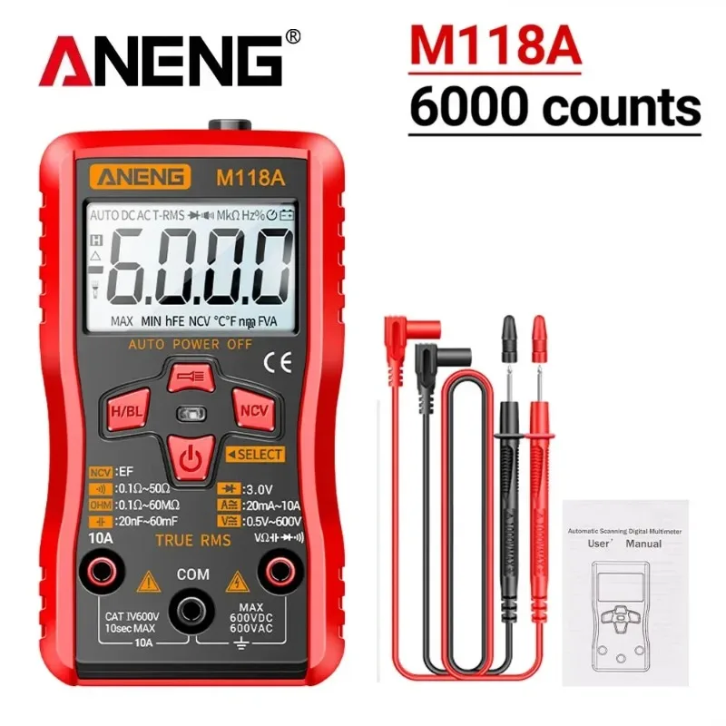 

ANENGM118A цифровой мини-мультиметр автоматический мультиметр тестер постоянного/переменного напряжения измеритель транзисторов NCV фонарик для удержания данных
