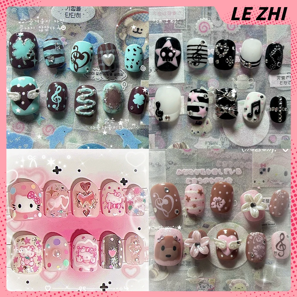 

Y2K Cartoon Hello Kitty Handmade Short Square Press On Nail Wings Bowknot Flower Stars Diamond Musical Notes Pearl Fake Nails