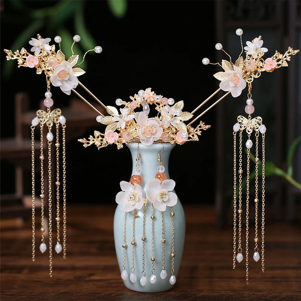 Girls Hairpins Long Crystal Fashion Tassel Chinese Headwear Sets Hair Comb Hanfu Hair Stick Earrings