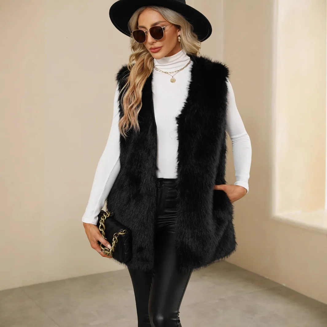 Women Vest Coat Faux Fur Coats Sleeveless Y2k Streetwear Elegant Jackets Open Stitch Outerwear Thick Warm 2025 Autumn Winter