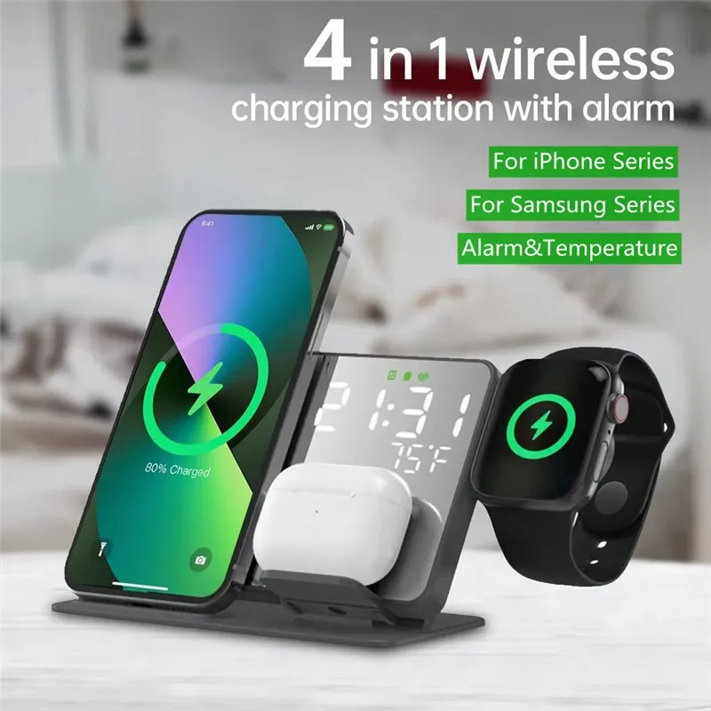 4 In 1 Wireless Charger Stand Alarm Clock Temperature Fast Charging Dock Station For iPhone 15 14 Samsung S23 S22 Galaxy Watch