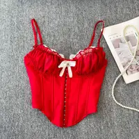 Camisola de flores de encaje con volantes para mujer, Tops cortos ajustados con hebilla y lazo, chaleco con tirantes sin mangas