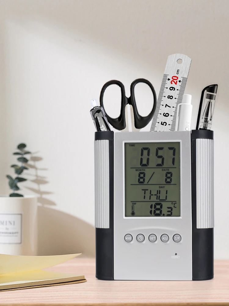 Perpetual Calendar Pen Holder Anti Slip Base Date Time Display Temperature Detection Desktop Storage Decorative Clock Pen Holder