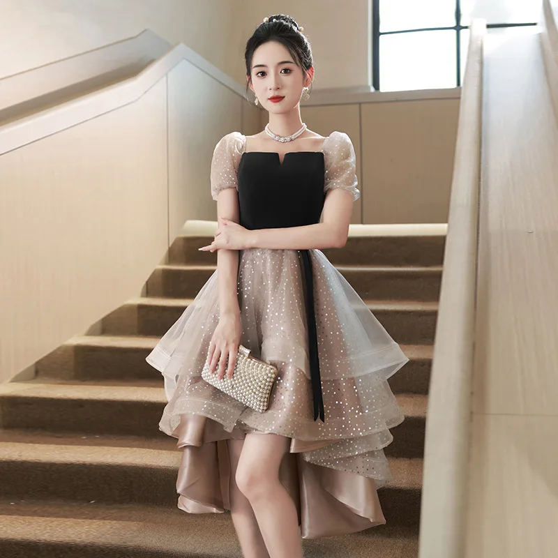 

Splicing Style Square Collar Evening Dress Women's Spring Summer New Party Adult Birthday Black Best Friend Annual Meeting Dress
