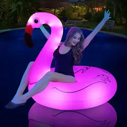 Inflatable Flamingo Pool Float with Lights Solar Powered Flamingo Pool Floaties Swim Tube Rings Summer Pool Raft Lounger Adults