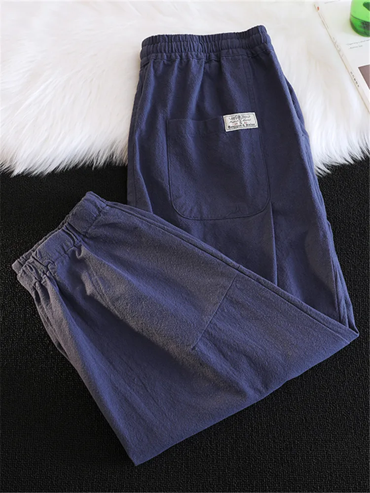 

Men's Summer Cotton Linen Harlan Pants Loose Fit Lantern Sle Casual Seven-Five-Length Trousers Comfortable Loose Waist