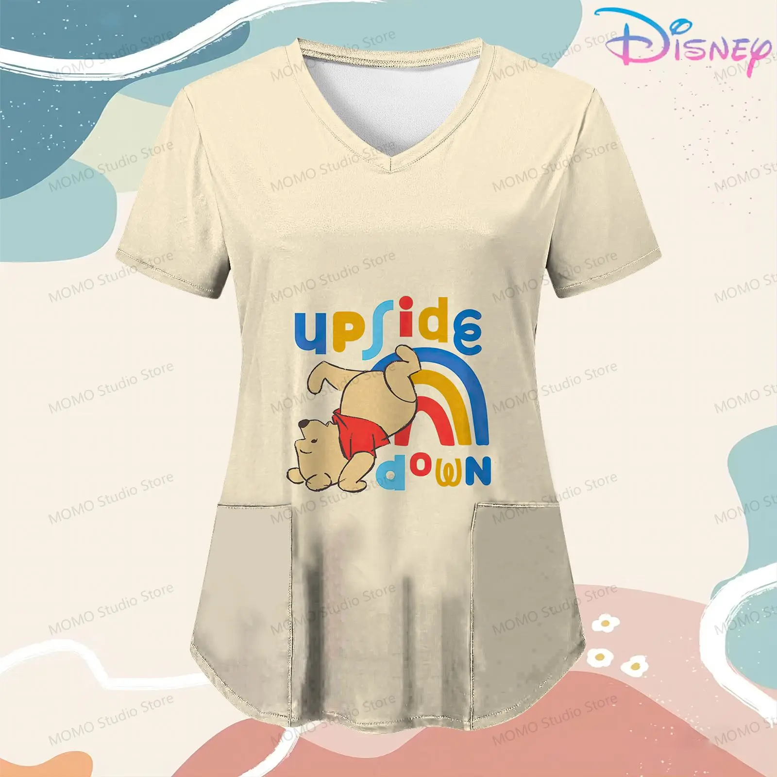 

Women's Nurse Uniform T-Shirt 2024 Winnie Pooh Woman Clothes Disney V Neck Tshirt Anime Hospital Cute Tops Pocket New S-2XL Y2k