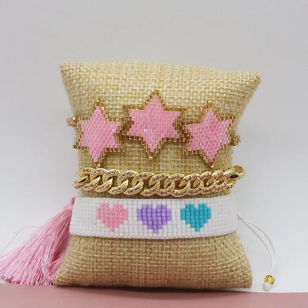 Rice bead bracelet Heart Hexagon Hand knitting Design Pink Adjustable Bohemia Fashion Simple Female Beaded bracelet set
