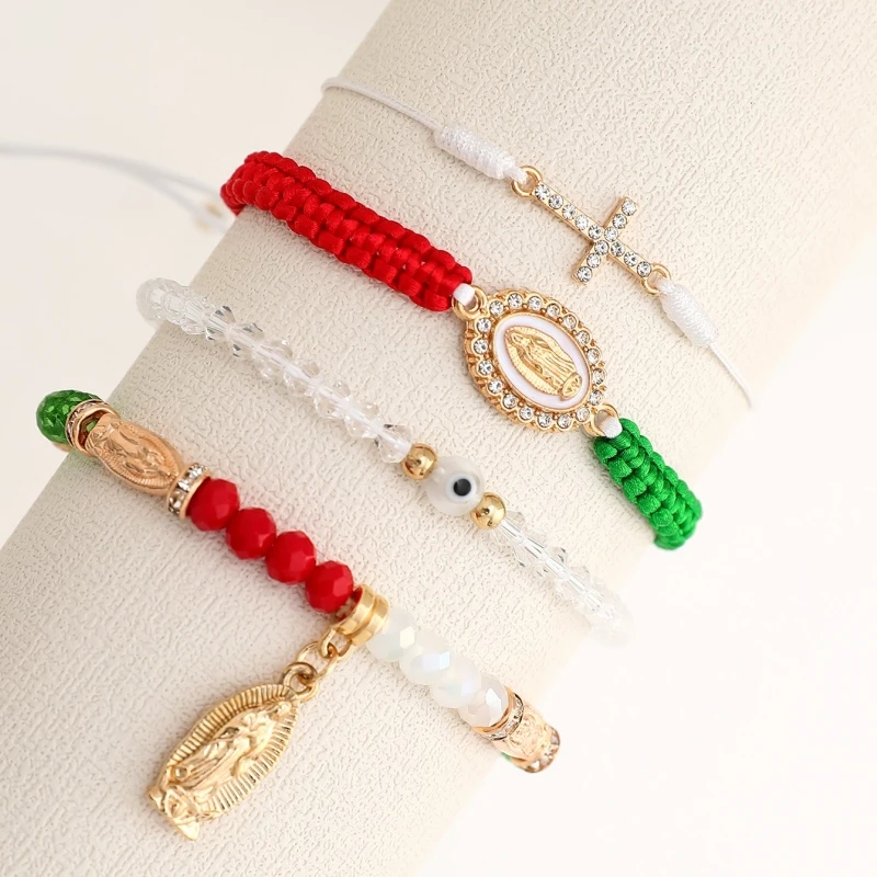 4 Pcs/Set Fashion Mexican Series Cross Virgin Mary Bracelets With Card, Red White Green Braided Bracelet Set For Women Jewelry