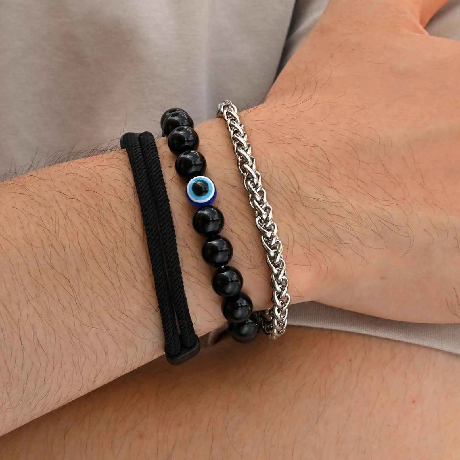 3 قطع سوار رجالي أنيق، سوار معصم قابل للتعديل بحبل أسود اللون، سوار مطرز على شكل عين الشيطان التركية #2