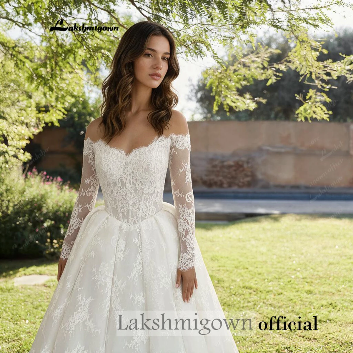 Lakshmigown Langarm-Spitzen-Brautkleid mit Herzausschnitt, Korsett, Ballkleid, Schnürung am Rücken, Vestido De Novia für den Garten – Detail 6