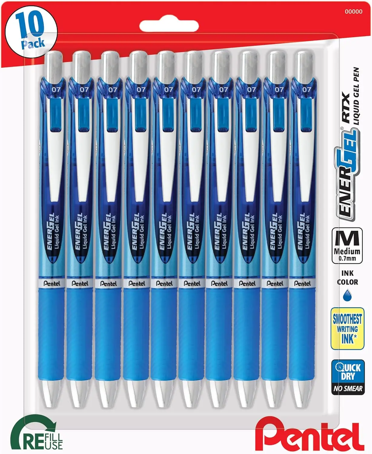 

Retractable Liquid Gel Pen, 0.7mm Needle Tip, Ultra Smooth Blue Ink, Medium Line, 10-Pack