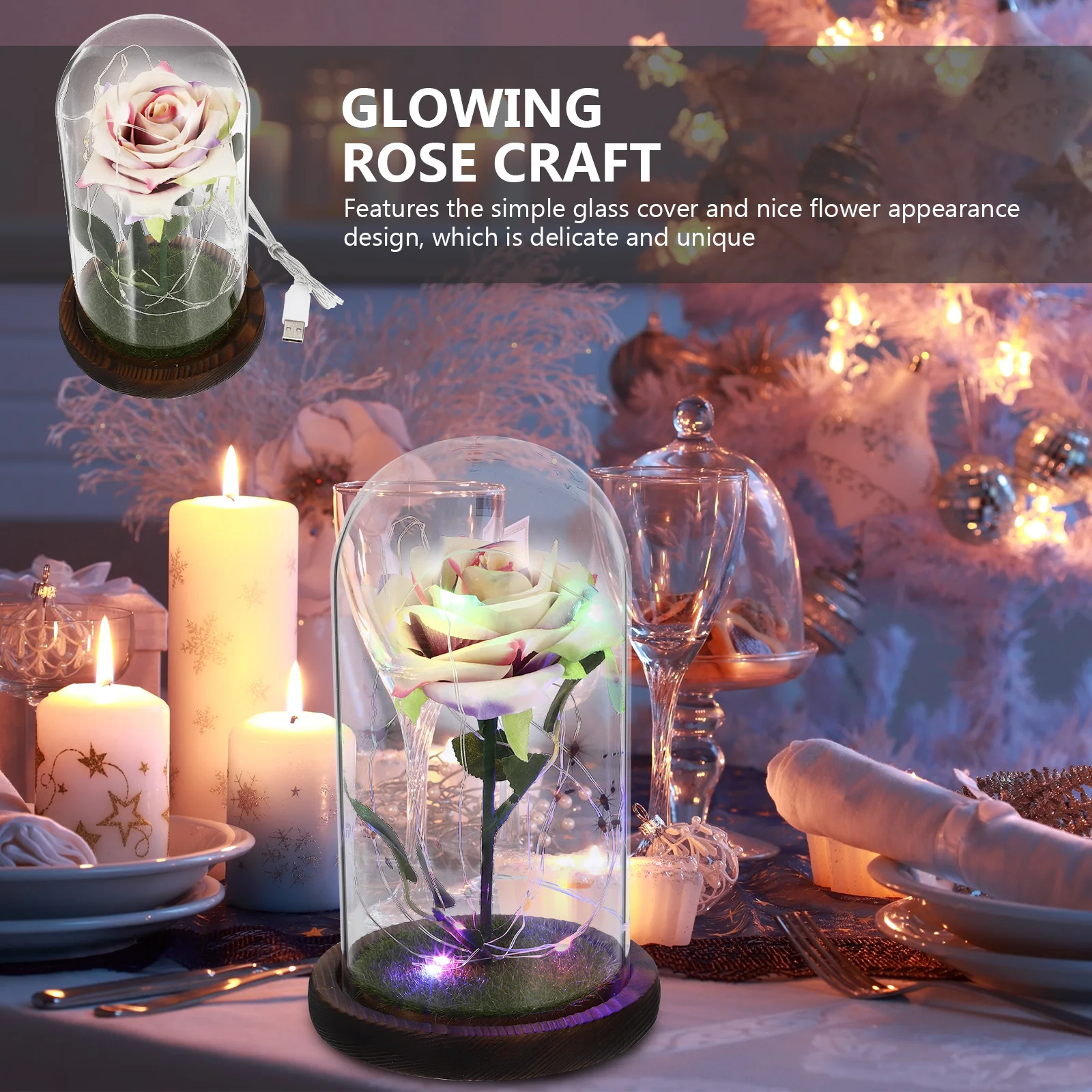 

1Pcs LED Light Rose Glass Dome Decorative Glowing Flower Ornament Indoor Desktop Decor Exquisite Luminous Rose Gift