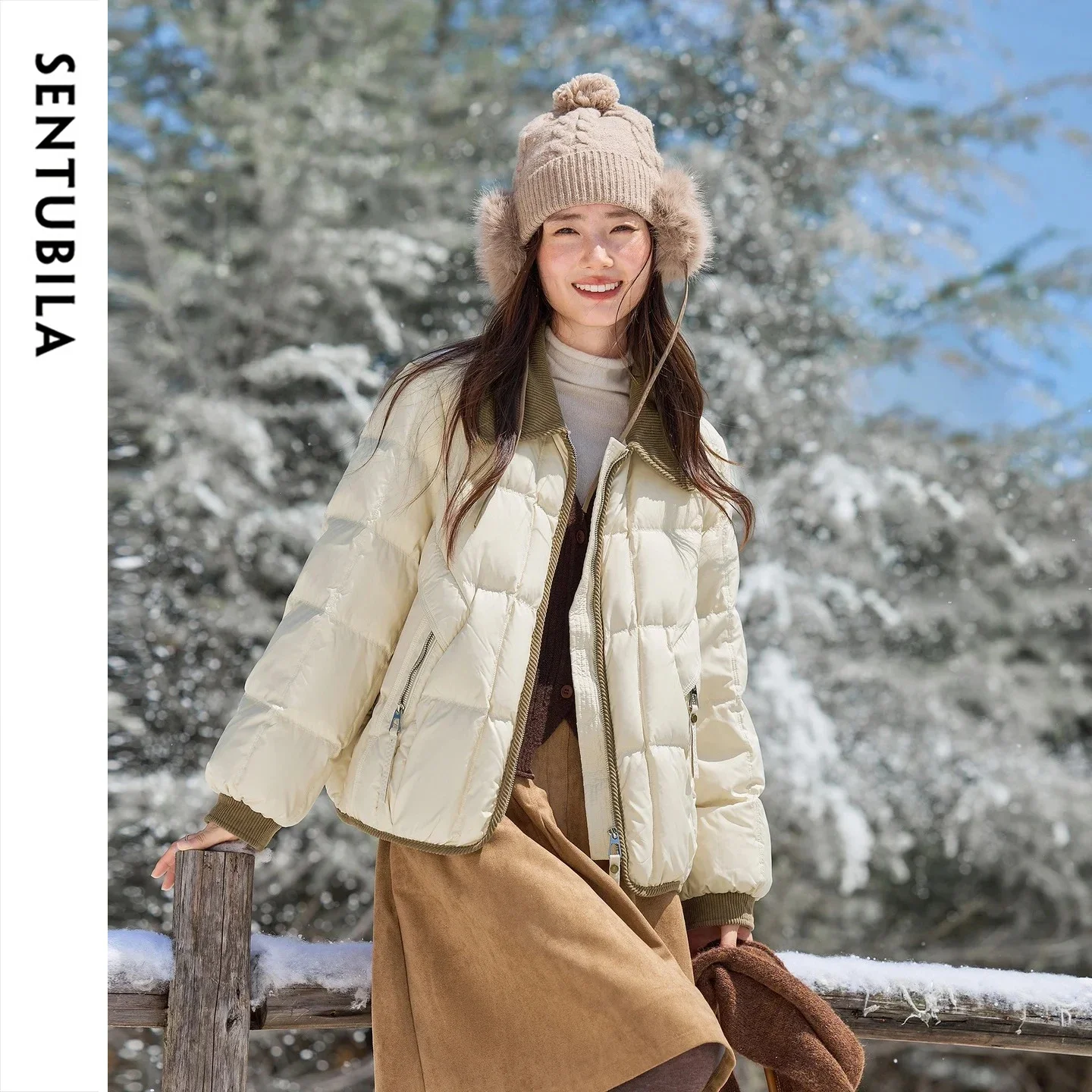 SENTUBILA 90% White Duck Down Jacket Women's 2026 Color Contrast Lapel Zip Pocket Coat Winter Loose Warm Outerwear W64YC7611