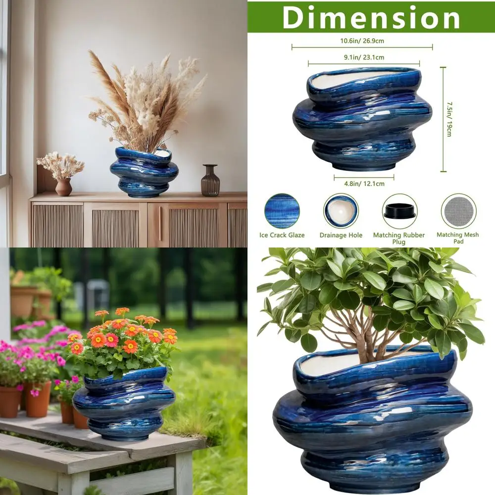 

Декоративное кашпо 10,6 дюйма с дренажем, подходит для использования в помещении и на улице, уникальный дизайн, идеально подходит для декора дома и офиса, синий