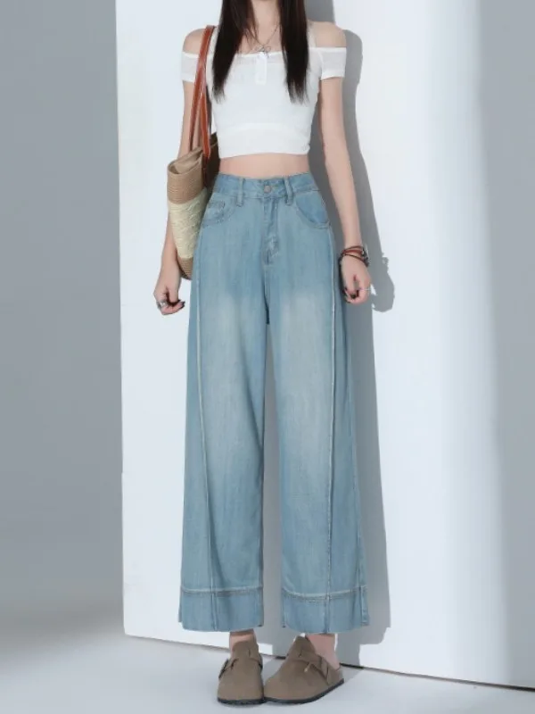 

Light Blue Lyocell Wide Leg Jeans Women's Spring Summer Thin Loose Slimming Drapey Nine Point Straight Cut Casual Trousers