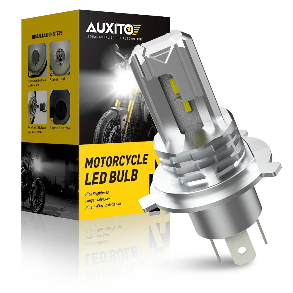 AUXITO 1Pc H4 9003 LED Motorcycle Headlamp Bulb CANBUS Lights High Low Beam CSP Chip Motorbike Mini Size Wireless 6000K White 12V