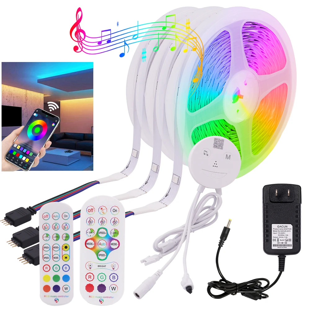 

5m 10m 15m 20m 30m 40m RGB LED Strip Bluetooth WIFI APP Music IR Control 24V 5050 Diode Tape Flexible Ribbon Lamp TV BackLight