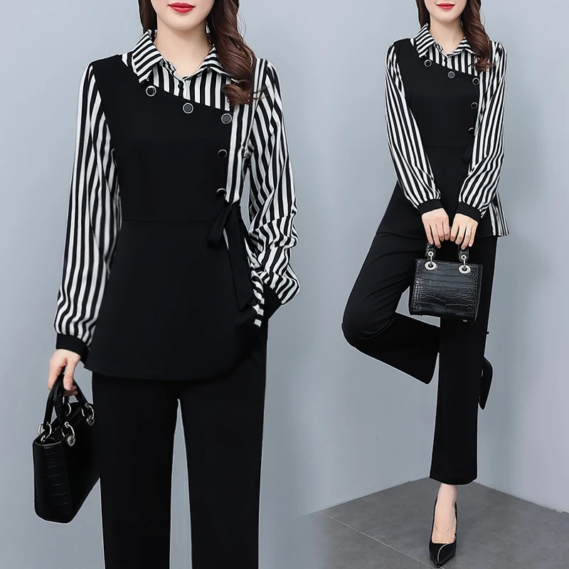 Ensembles de pantalons à manches longues patchwork rayé pour femmes, tenues deux pièces surdimensionnées à la mode, vêtements de bureau élégants, nouvelle collection printemps 2024