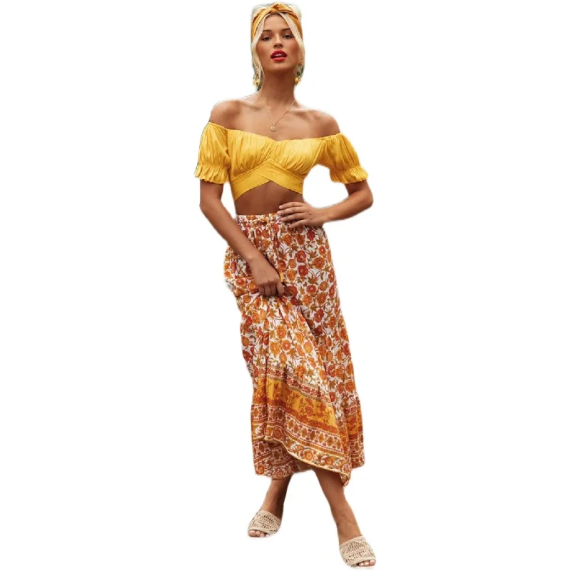 Blusa de Verano con Hombros Descubiertos para Mujer, Top Corto con Lazo, Estilo Playero Coreano, Manga Abullonada, Corte Ajus...