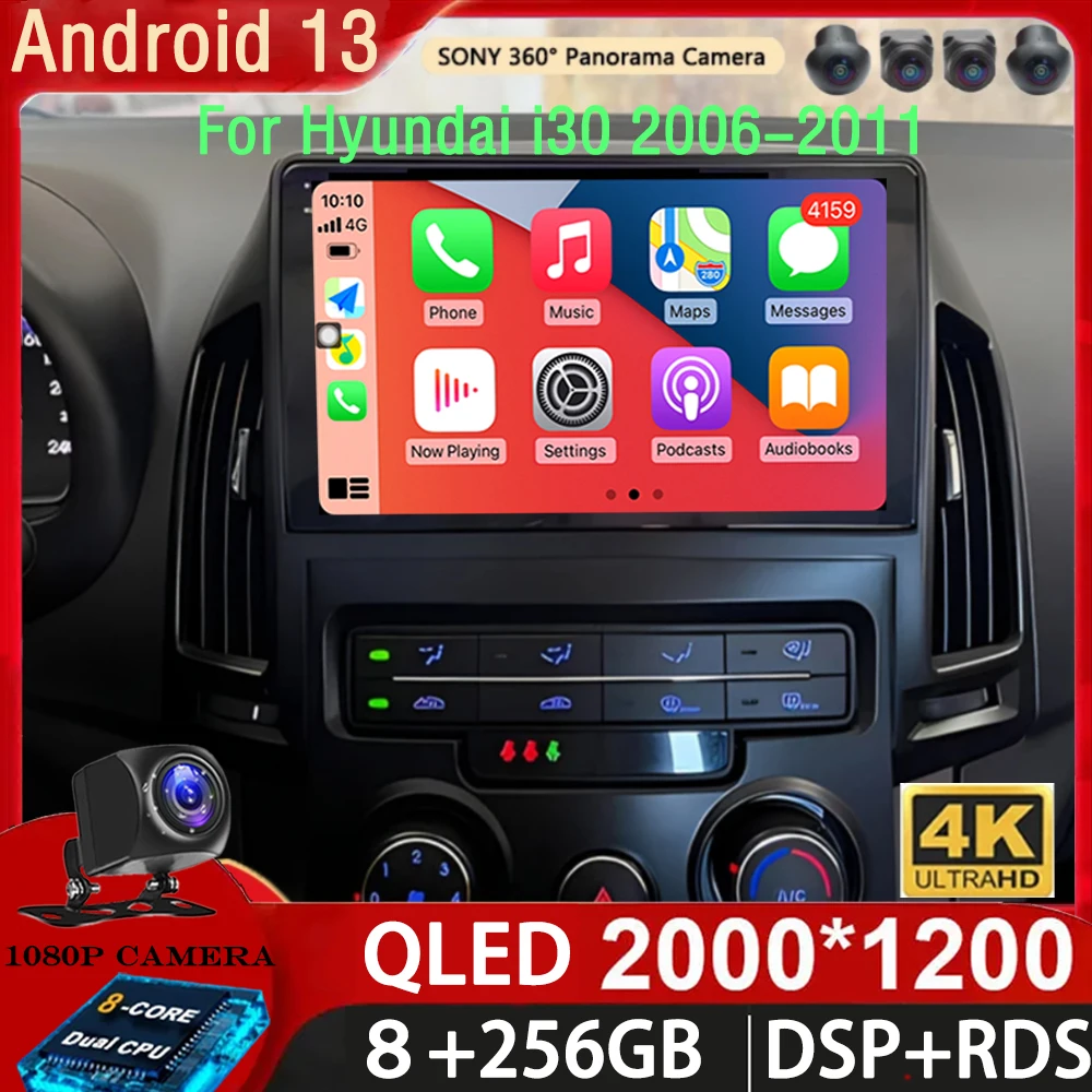 For Hyundai i30 2006 2007-2012 Android 14 MANUAL AC 2K Android Car Radio Multimedia Video Player GPS AI Voice CarPlay 4G Stereo