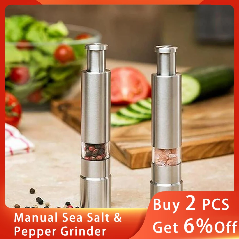 Salt And Pepper Mills Manual Push Press Home Convenient Stainless Steel Mills One Hand Push Button Mill Easy To Use Labor Saving