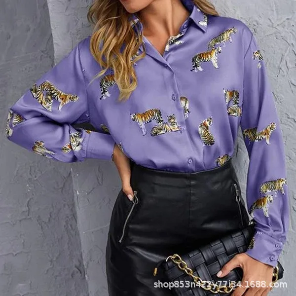 Spring Autumn Women Lapel Tiger Pattern Printed Long Sleeved Shirt Elegant Turn Collar Shirts And Blouses