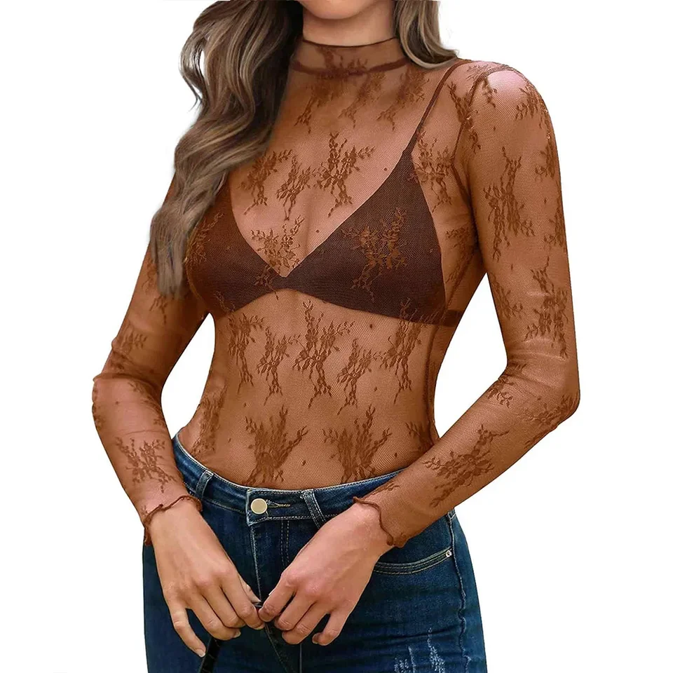 New Women's Long-sleeved Mesh T-shirt Thin Perspective Half-high Collar Pullover Top Fashion Nightclub Versatile Slim Tees