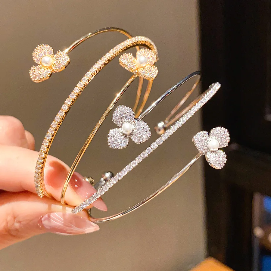 ZAKOL Luxury Micro-set Zirconia Flower Open Bracelet Exquisite Multi-Layered Copper Cuff Bangle Wedding Party Jewelry Gift