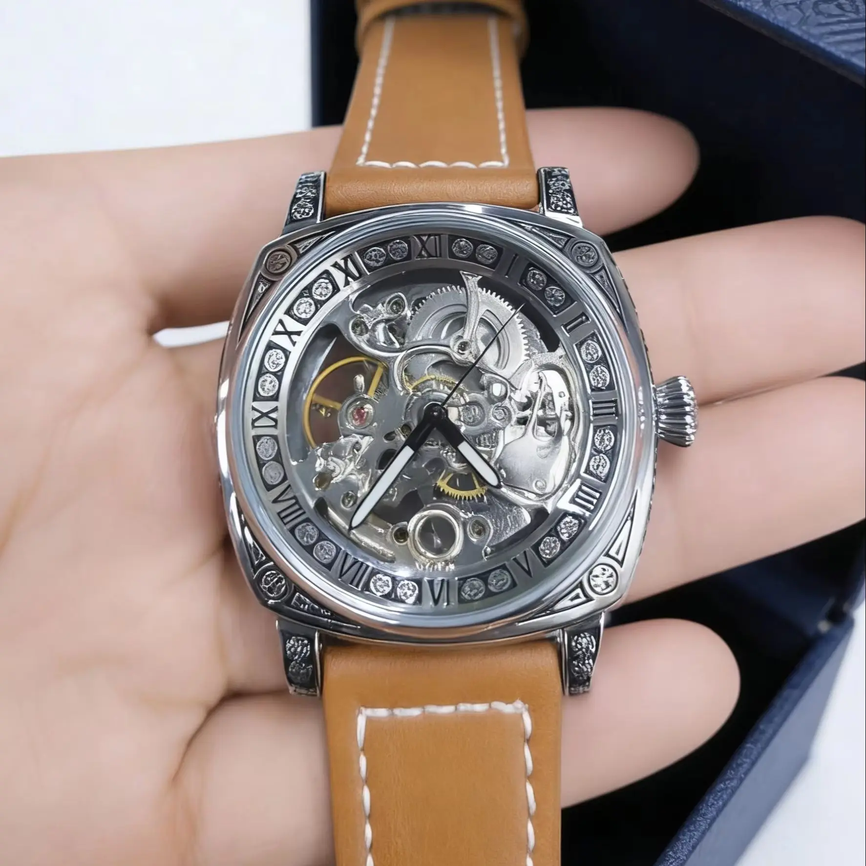 Luxury Automatic Mechanical Watch for Men | Skull Dial | Vintage Engraved Square Watch Case | Leather Watch Strap | Roman Numerals | Waterproof | Business Dress Watch | Gift for Father/Guyfriend