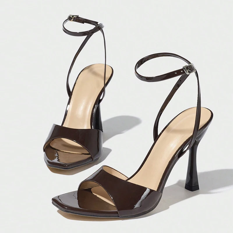 Liyke New Fashion Square Open Toe Ankle Buckle Strap Designer Sandals Women 10CM Gladiator High Heels Banquet Party Shoes Brown view 2