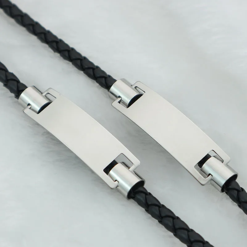 Wholesale 10pcs Stainless Steel Blank ID Tags Leather Bangles For Engraving Leather Braid Bracelet With Metal Plate DIY