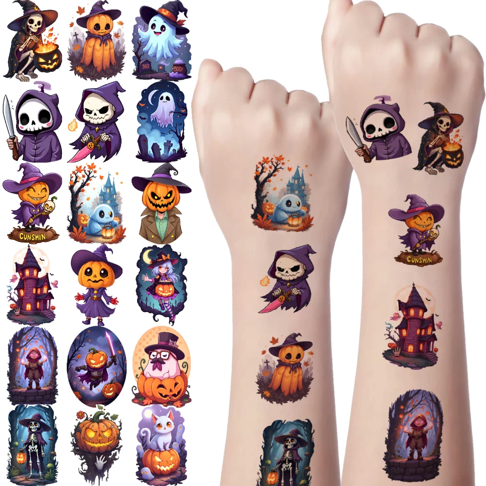 

54 шт., временные татуировки, фигурки призраков, временные татуировки, наклейки, персонажи тыквы, Хэллоуин, черепа, комиксы для взрослых мужчин