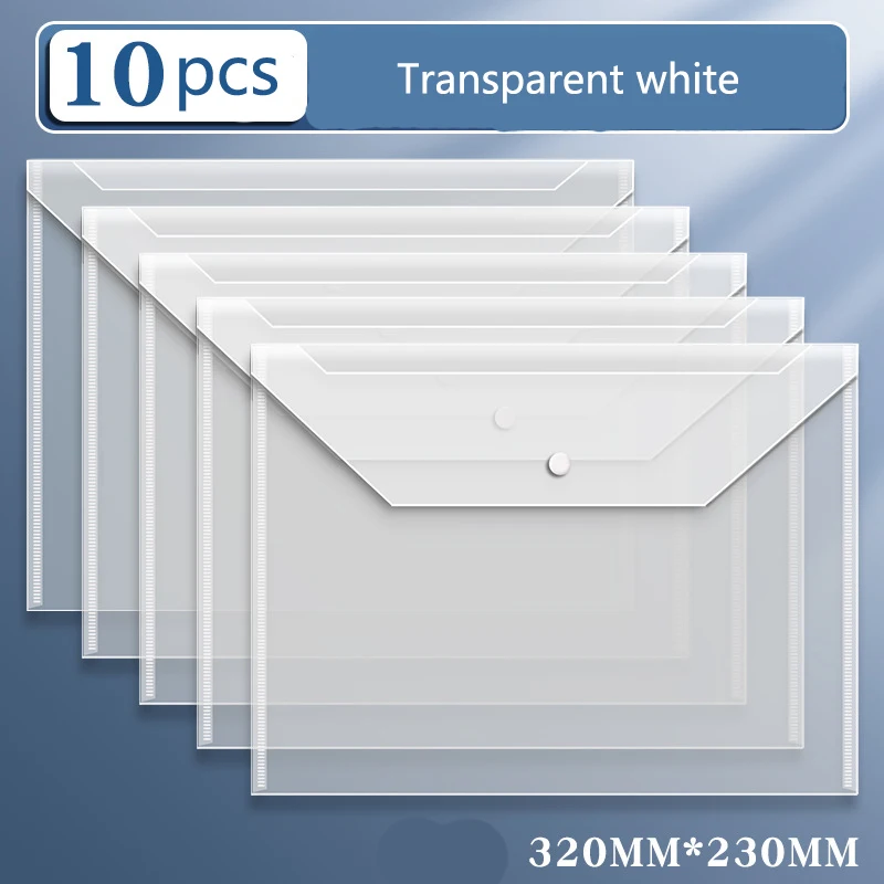 10pcs A4 File Bag Transparent Plastic Thickened Large-capacity Waterproof Snap-on Type Test Paper Storage Bag for Archives