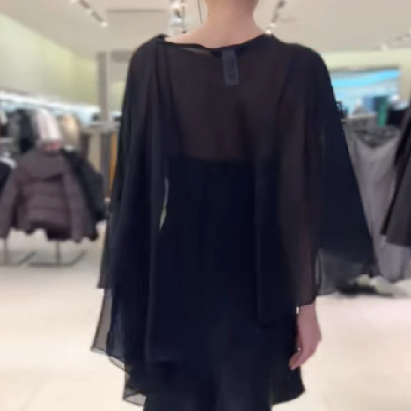 Elegant Satin Stacked Short Dress Women V Neck Adjustable Spaghetti Strap Spliting Sheer Smock 2025 NEW See Through Lady Dresses