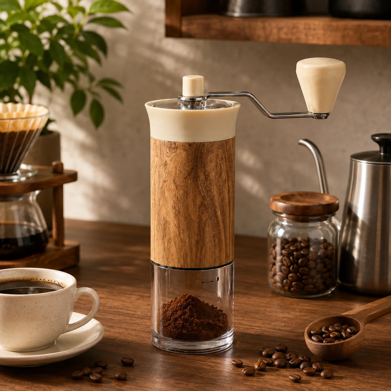 Manuelle Kaffeemühle mit Holzoptik, 56 Mahlgradeinstellungen, Keramikmahlwerk, externe Einstellung, 30g Bohnenbehälter für Espresso & French Press