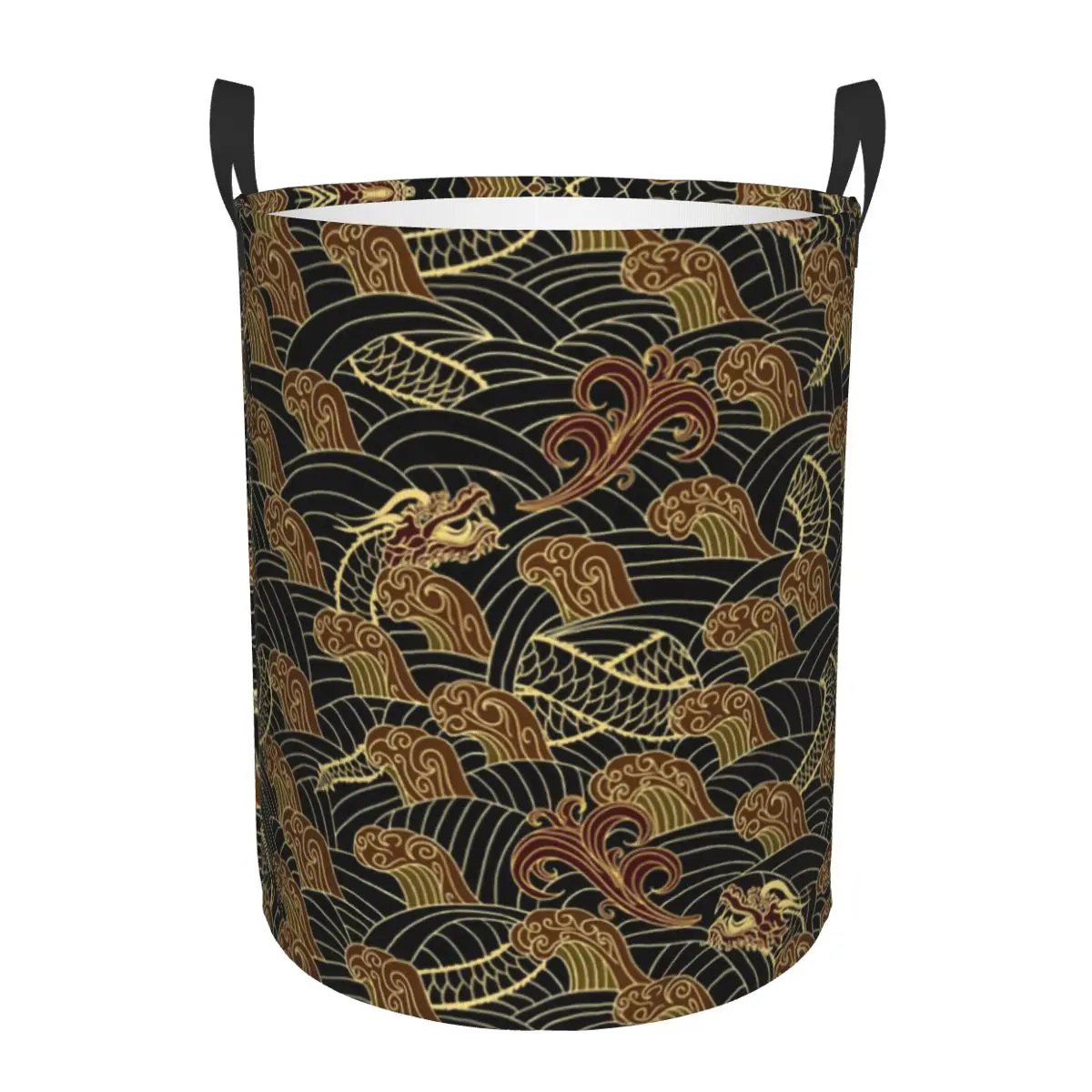 Black And Gold Dragons Laundry Basket Collapsible Japanese Wave Baby Hamper for Nursery Toys Organizer Storage Bins