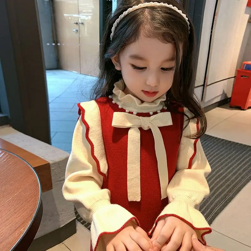 Autumn Winter New Korean Kawaii Sweet Girls Dress Fashion Harajuku Cute Kids Knitting Dress Long Sleeve Solid Children's Clothes