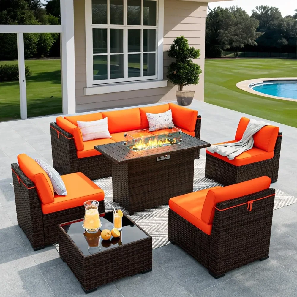 

8 Pieces Outdoor Patio Furniture Set with 44 Fire Pit Table Rattan Sectional Conversation Sets w/Gas Fire Pit, Coffee Table.