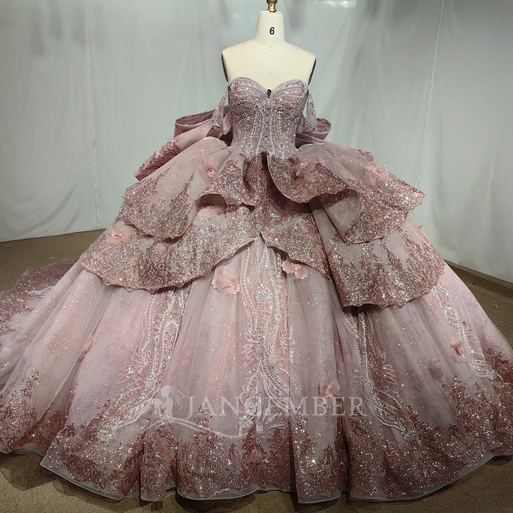 

Бальное платье по индивидуальному заказу, блестящие платья Quinceanera из тюля, мексиканское свадебное платье с открытыми плечами и бисером Lsmc13