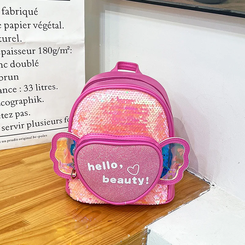 Kids Cute Shiny Colorful Sequin Mini Backpack Fashion Love Heart Wings School Bags Girls Kindergarten Lovely Children Backpacks