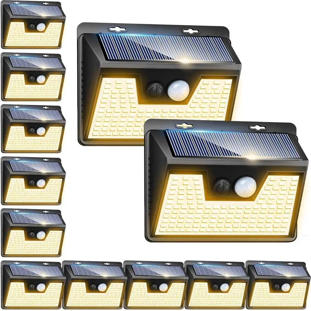 

Солнечные светильники Peasur для улицы, водонепроницаемые, 12 штук, 140 светодиодов, с датчиком движения, на солнечной энергии, 3 режима, солнечные охранные светильники для забора