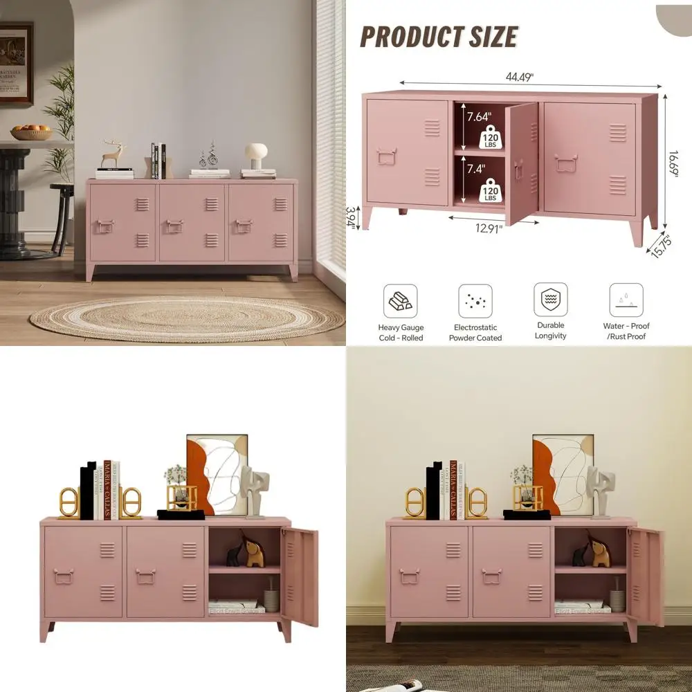 

Industrial Steel 2-Tier TV Stand Cabinet for Home and Office, Pink, 44.49W×15.75D×22.83H